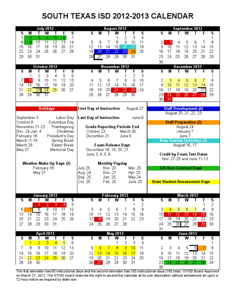 STISD Calendar 2012 2013 Color Board Approved Download Free PDF