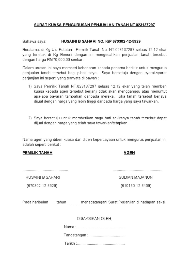 Surat Kuasa Pengurusan Penjualan Tanah Nt