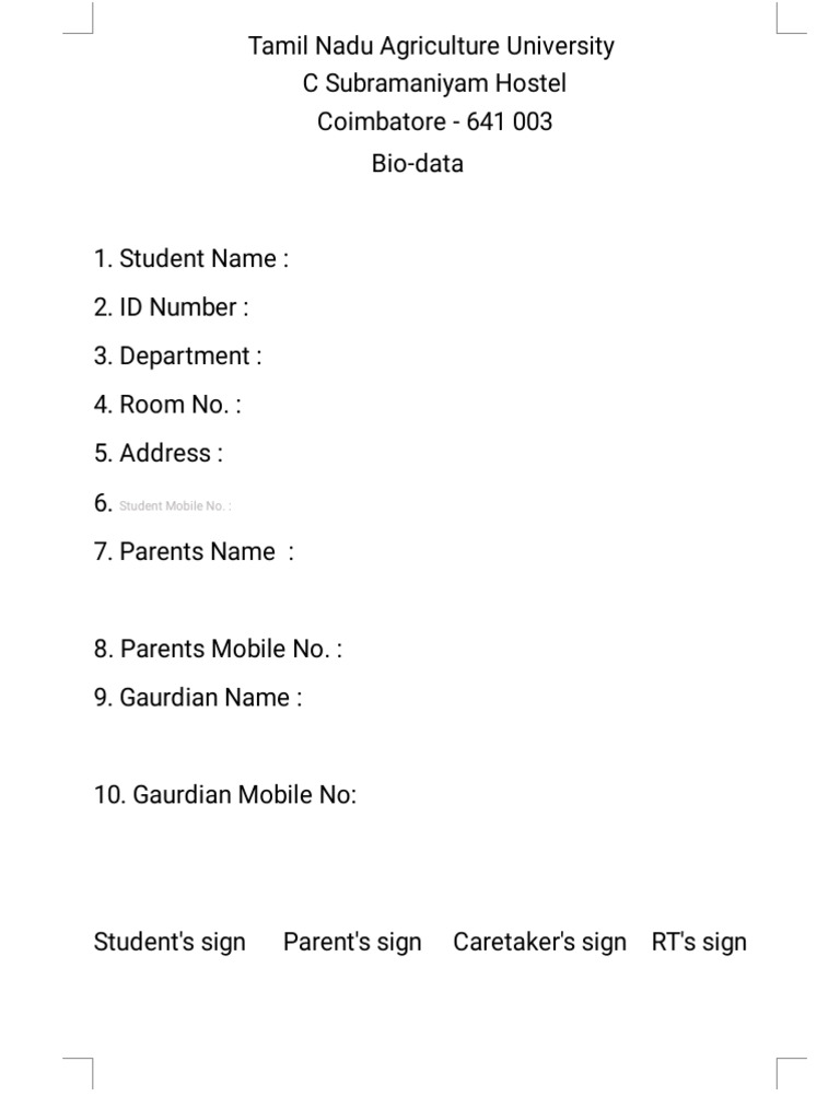 CS Hostel Bio Data | PDF