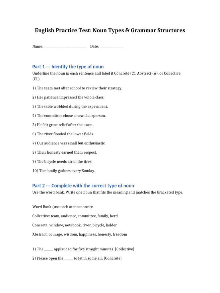 English Practice Test Nouns and Grammar | PDF | Morphology | Linguistic ...