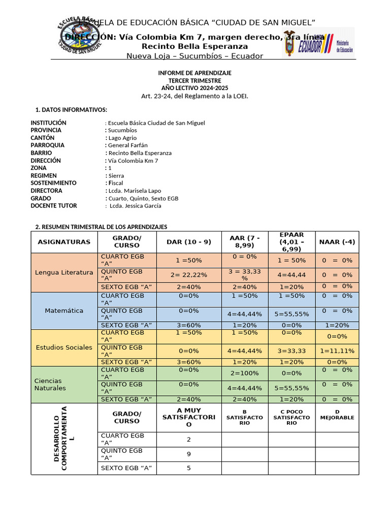 Informe de Aprendizaje Primer Trimestre 2024 | PDF