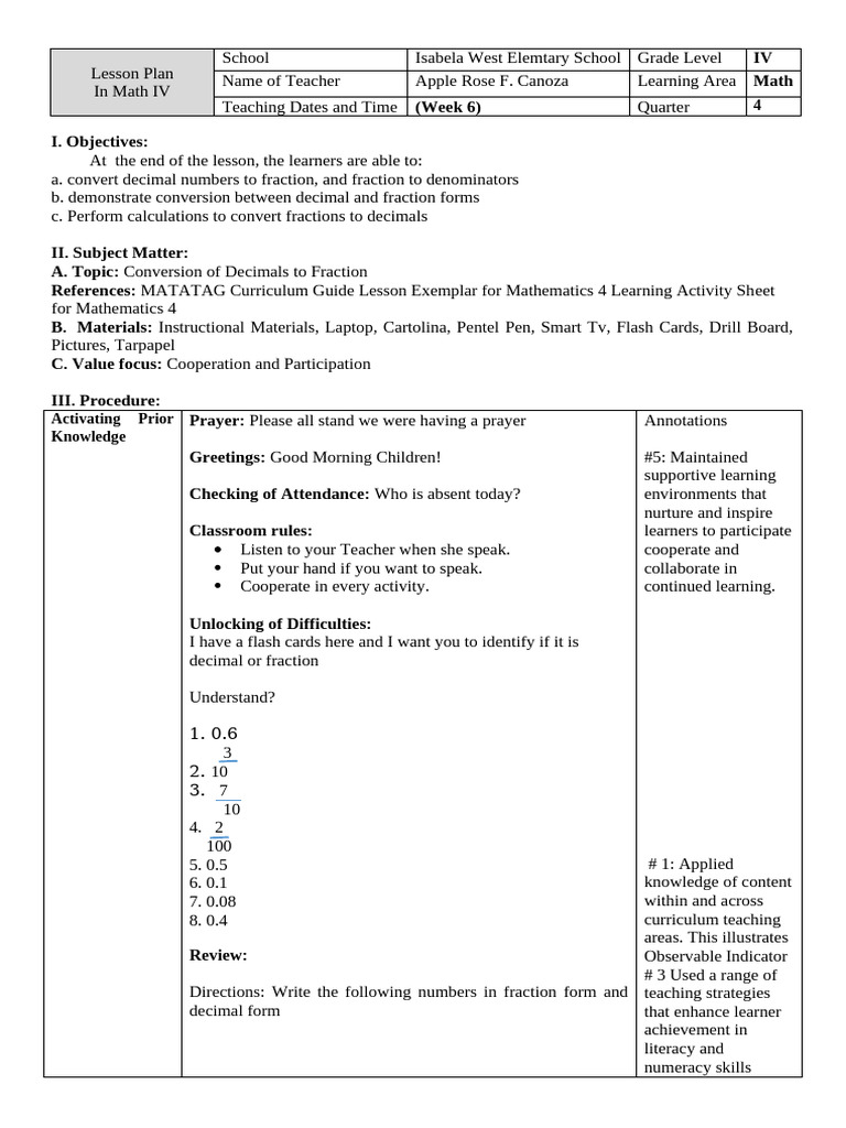 Lesson Plan Grade 4 Math | PDF | Learning | Decimal