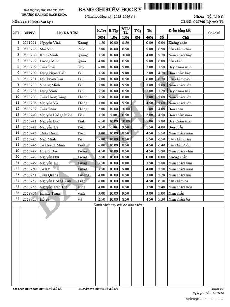 Bang diem nhap - 1.20251.PH1003.L10.C | PDF
