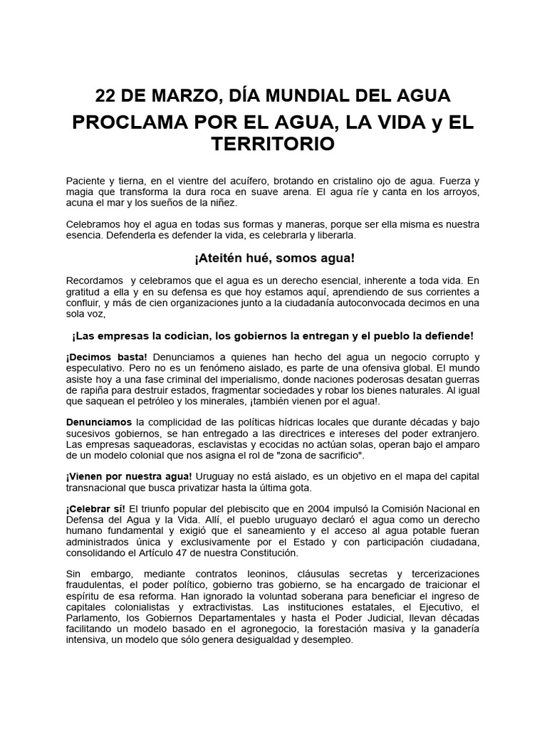 22 de Marzo, Día Mundial Del Agua Proclama Por El Agua, La Vida y El ...