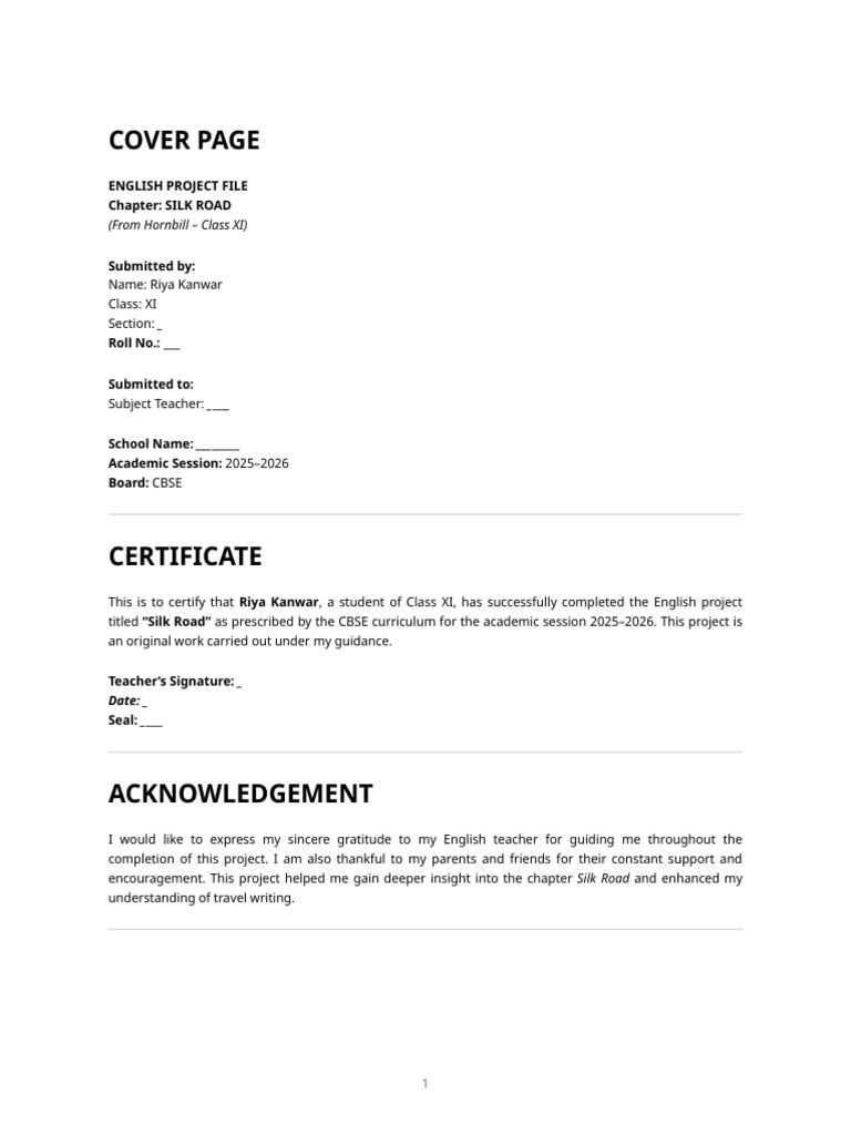 Class 11 English Project File - Silk Road | PDF