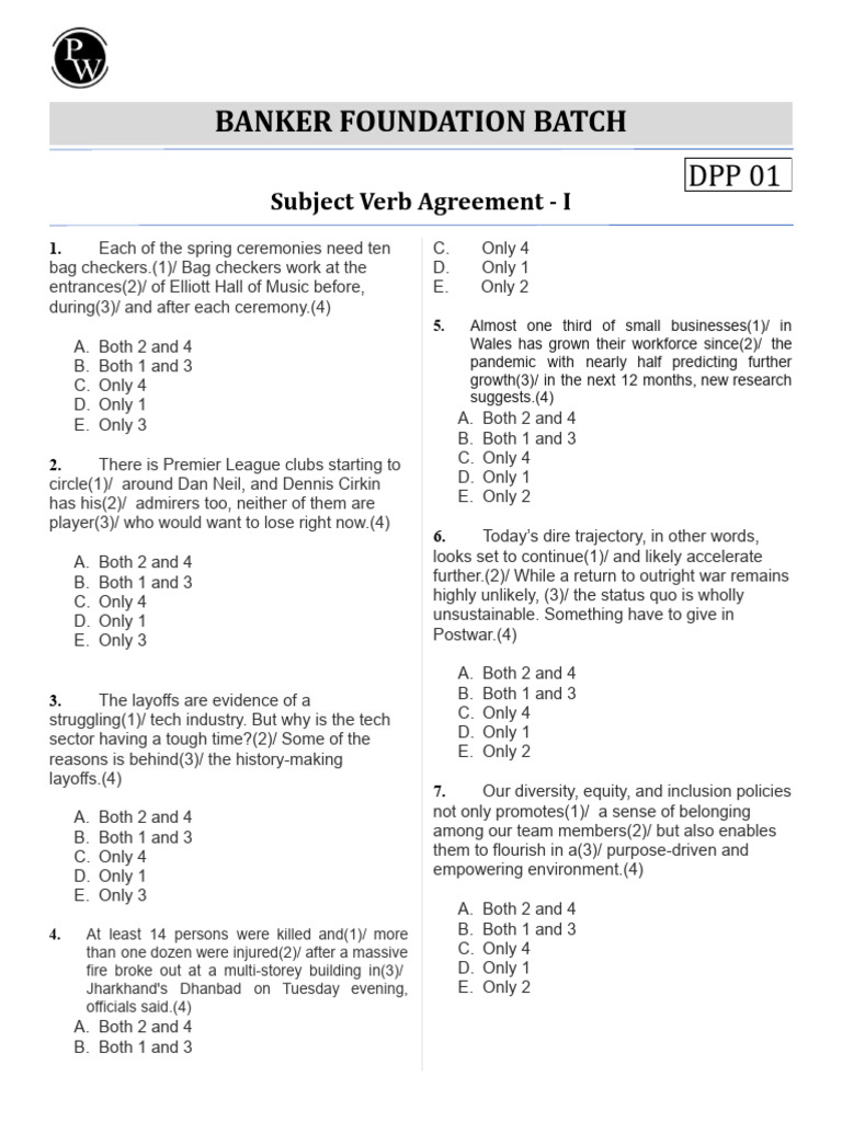 Subject Verb Agreement - DPP 01 | PDF | Grammatical Number | Plural