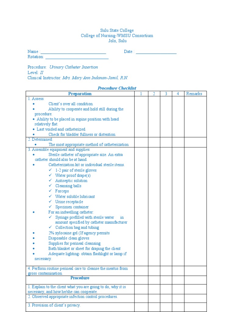 Urinary Catheter Insertion Checklist | PDF | Catheter | Urology