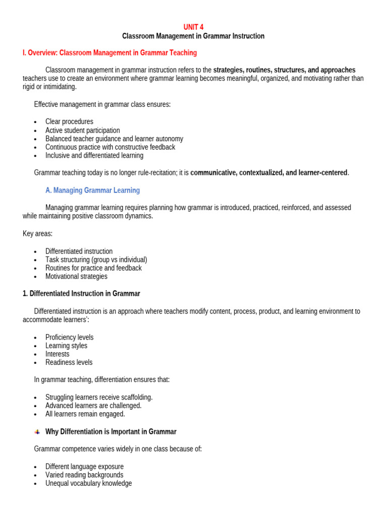 Unit 4. Classroom Management in Grammar Instruction | PDF | Learning ...