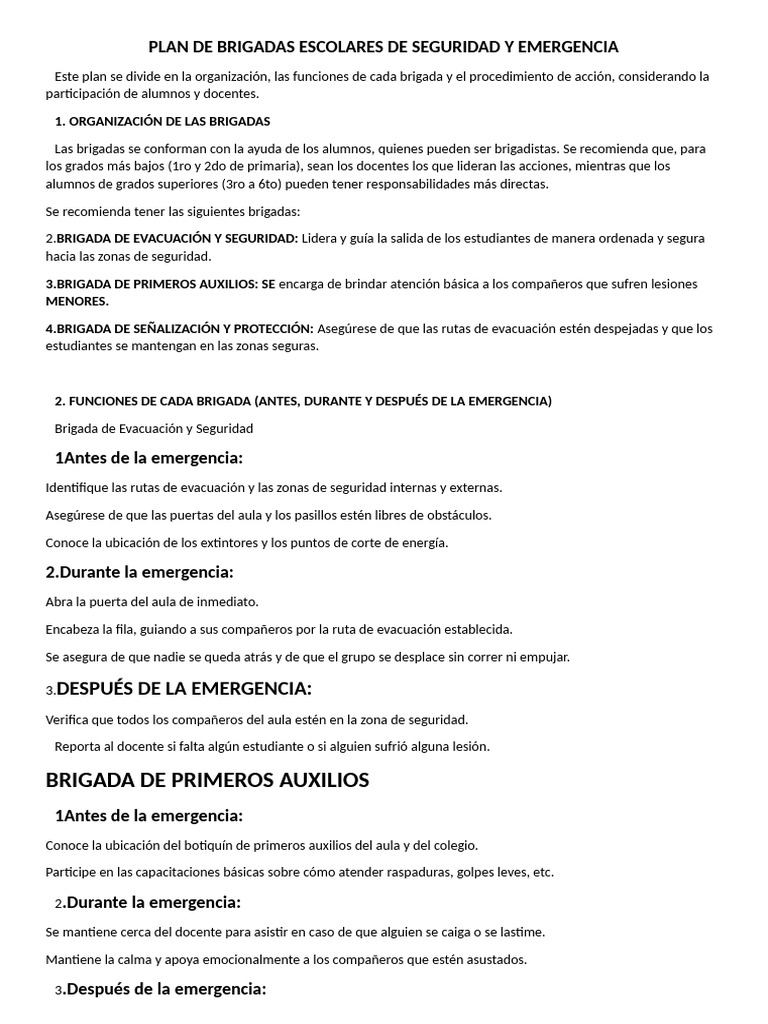 Plan de Brigadas Escolares de Seguridad y Emergencia | PDF | Primeros ...