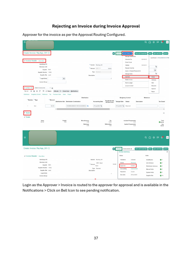 Rejecting An Invoice During Invoice Approval: Approver For The Invoice ...