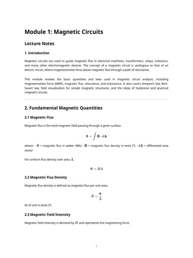 Module1 Magnetic Circuits Notes | PDF | Magnetic Field | Inductance