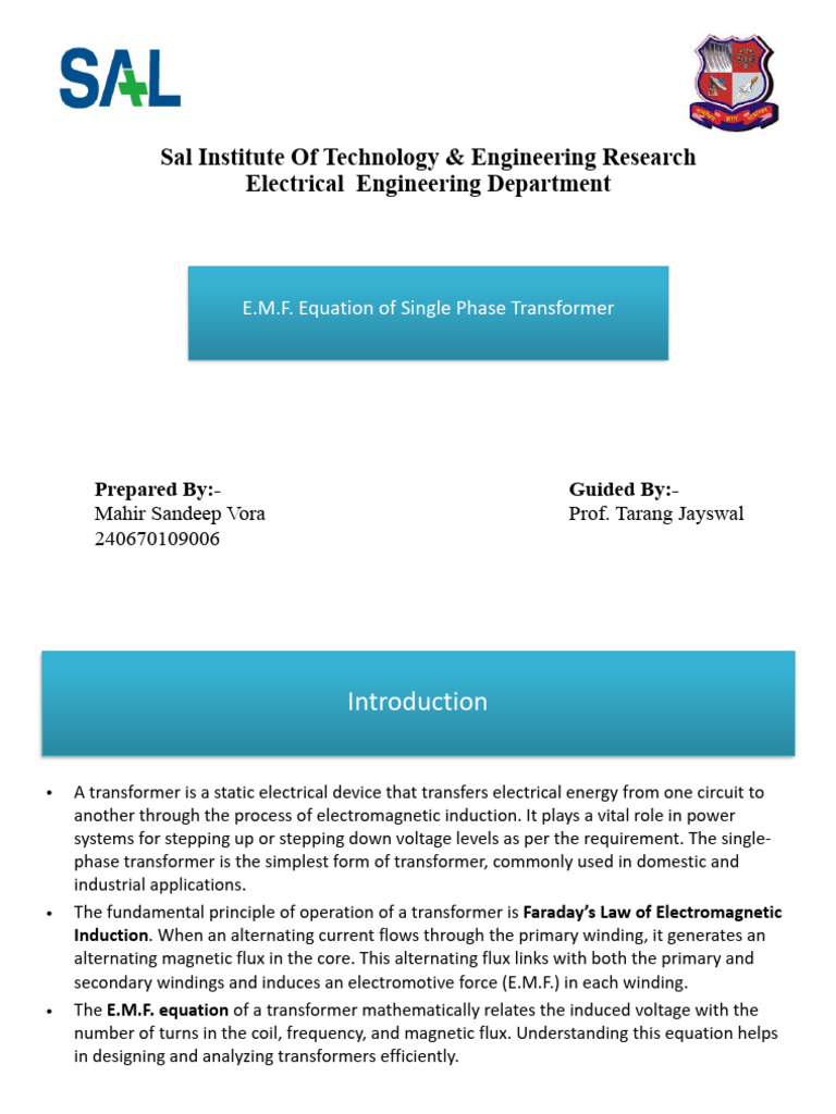 EMF of Single Phase Transformer | PDF | Transformer | Electromagnetic ...
