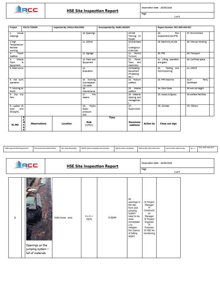 RCC-IMS-HSE-057 HSE - Inspection Report | PDF | Occupational Safety And ...