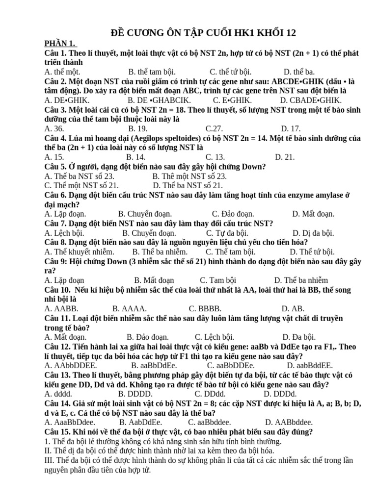 De Cuong On Tap KT Ky 1 - Sinh 12 - Hs | PDF