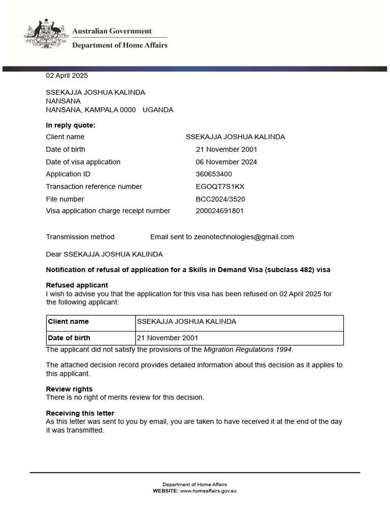 IMMI Refusal Notification With Decision Record JOSH | PDF