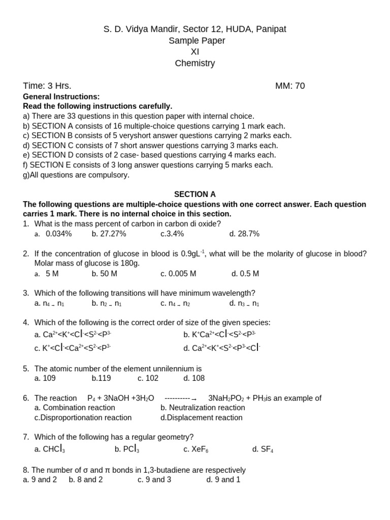 Chemistry Sample Paper 7 | PDF | Chemistry