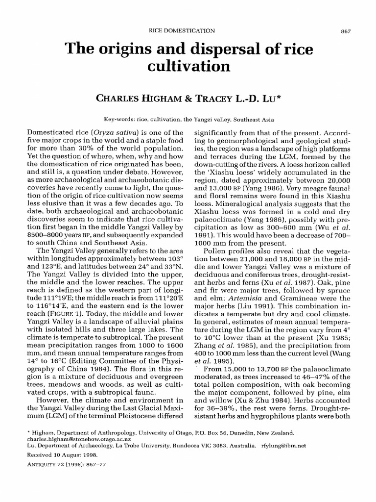 The Origins and Dispersal of Rice Cultivation | PDF | Holocene | Rice