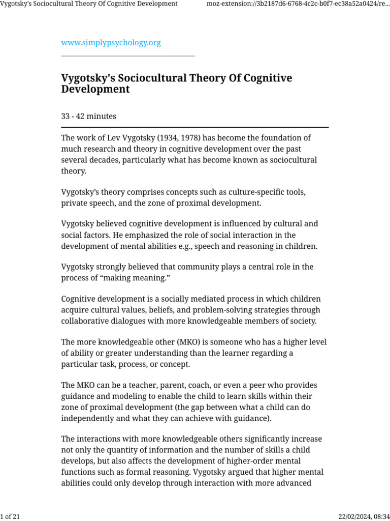 Vygotsky Socio Cultural Theory | PDF | Cognitive Development | Cognition