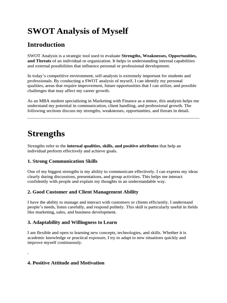 SWOT Analysis of Myself | PDF | Swot Analysis | Marketing