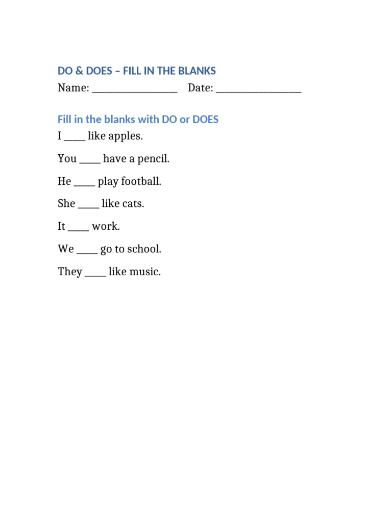 Do and Does Fill in Worksheet Kids | PDF