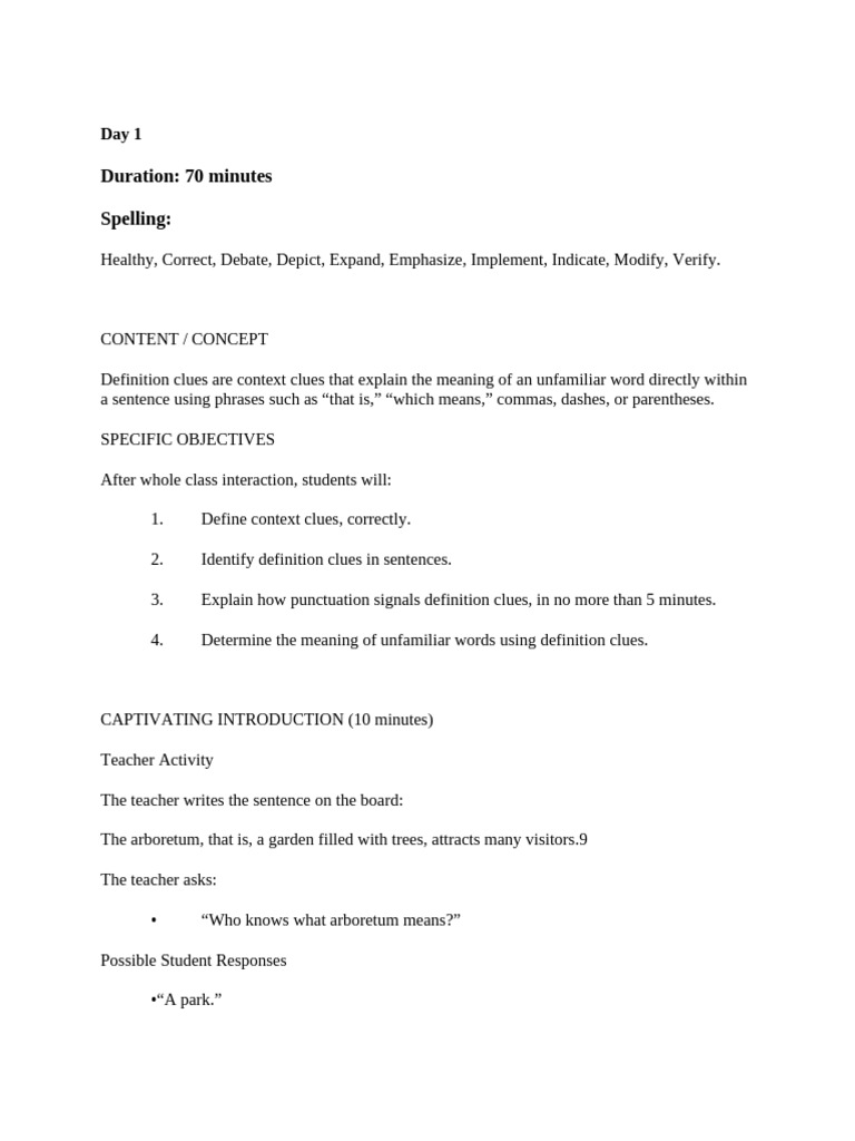 Lesson Plan - Context Clues and Description Clues | PDF