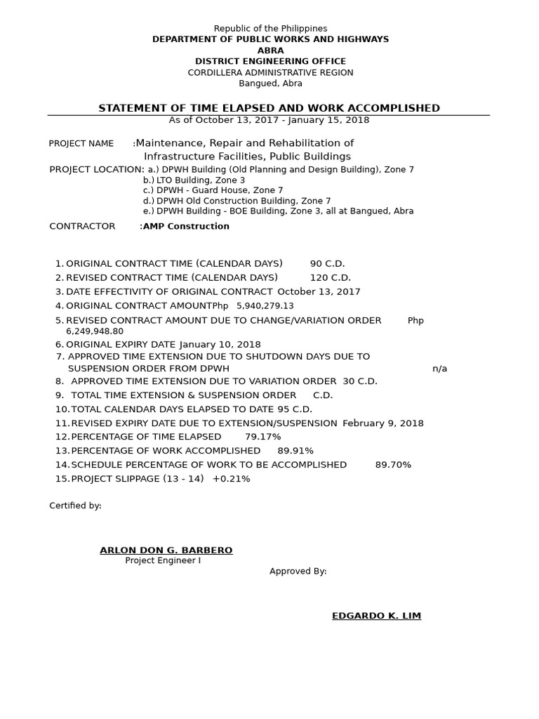 Statement of Time Elapsed and Work Accomplished | PDF