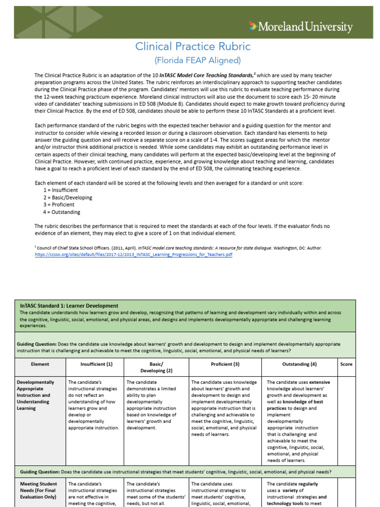 Clinical Practice Rubric (FEAP Aligned) | PDF