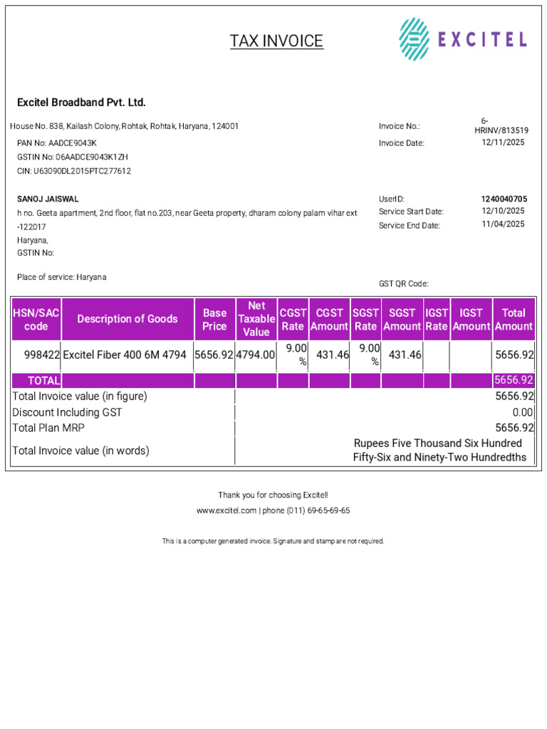Excitel - Invoice - 12 Oct - 11 Apr 26 | PDF | Economy Of India | Trade