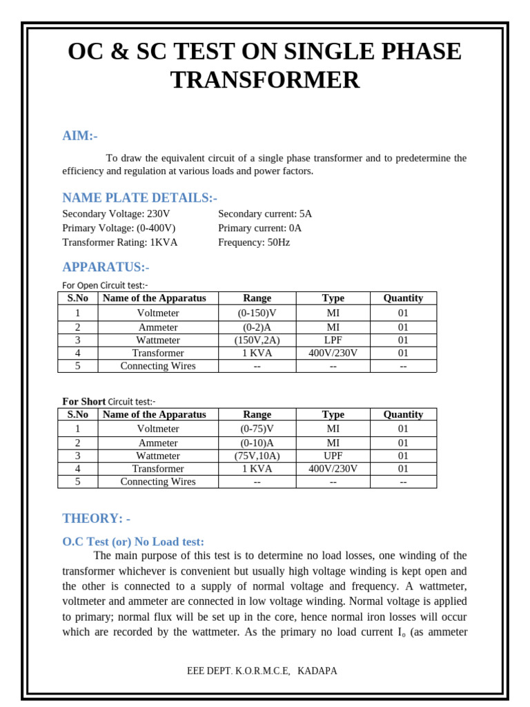 em 2oc & SC On Single Phase Transformers | PDF | Transformer ...