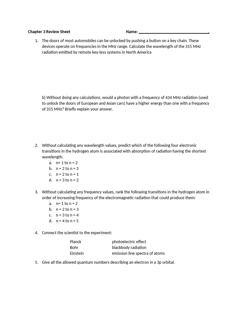 Chapter 3 Review Sheet | PDF | Electromagnetic Radiation | Electron