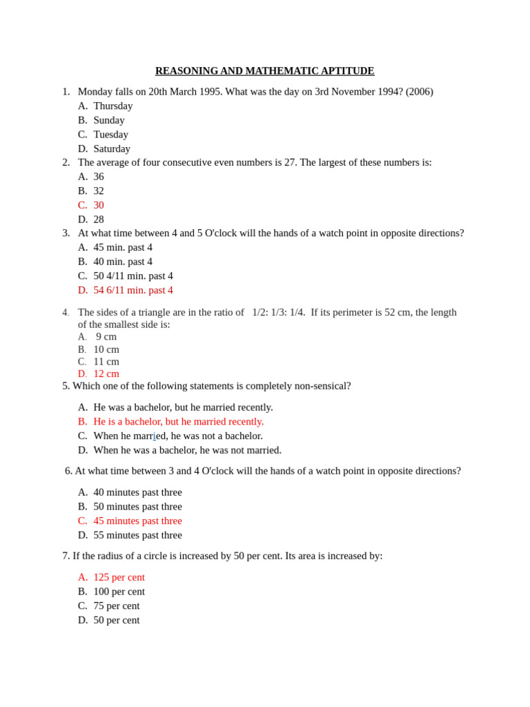 Mathematic & Reasoning Apptitude 2006-19 Pyq | PDF | Argument | Inference
