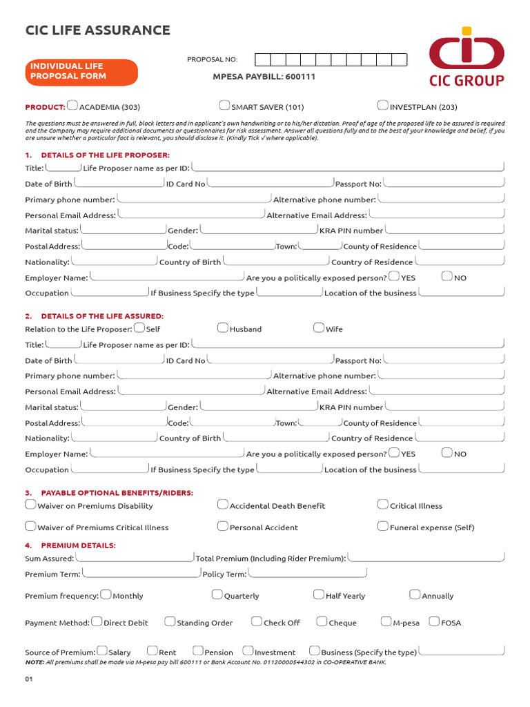 CIC LIFE Individual Life Proposal Form 2024 | PDF | Insurance | Income