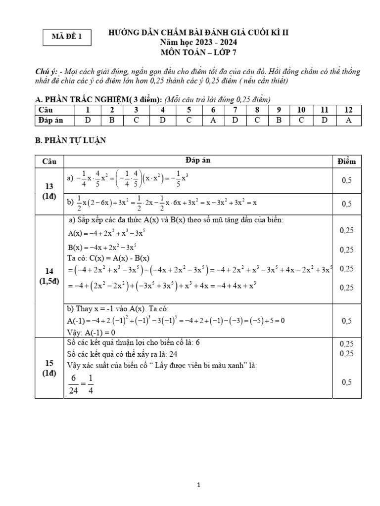 Huong Dan Cham Toan 7 Hkii Nam 2024 | PDF