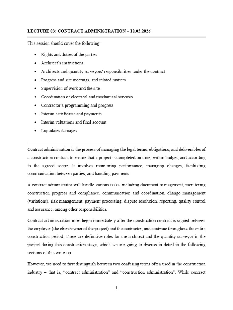 Lecture 03 - Contract Administration by The Arch and QS - 12.03.2026 | PDF