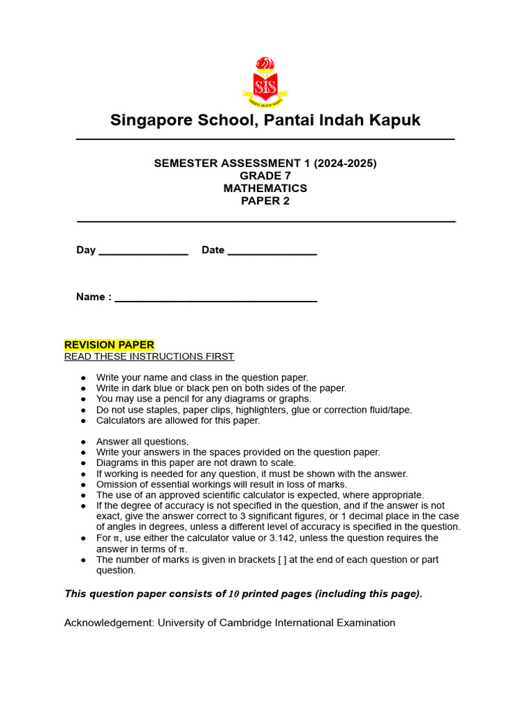 Revision - Grade 7 Mathematics Paper 2 | PDF