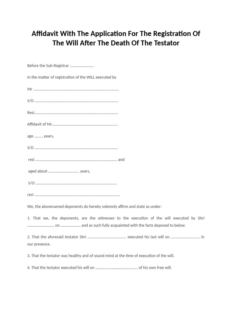 Affidavit With The Application For The Registration of The Will After ...