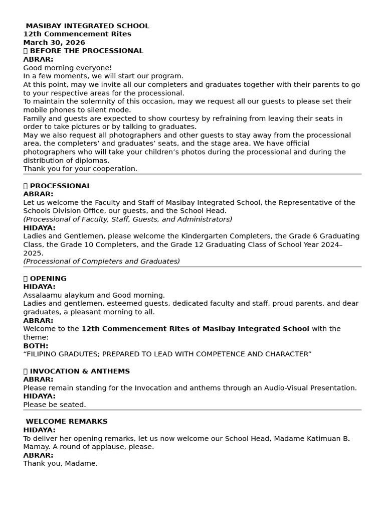 2026 Script MASIBAY INTEGRATED SCHOOL | PDF