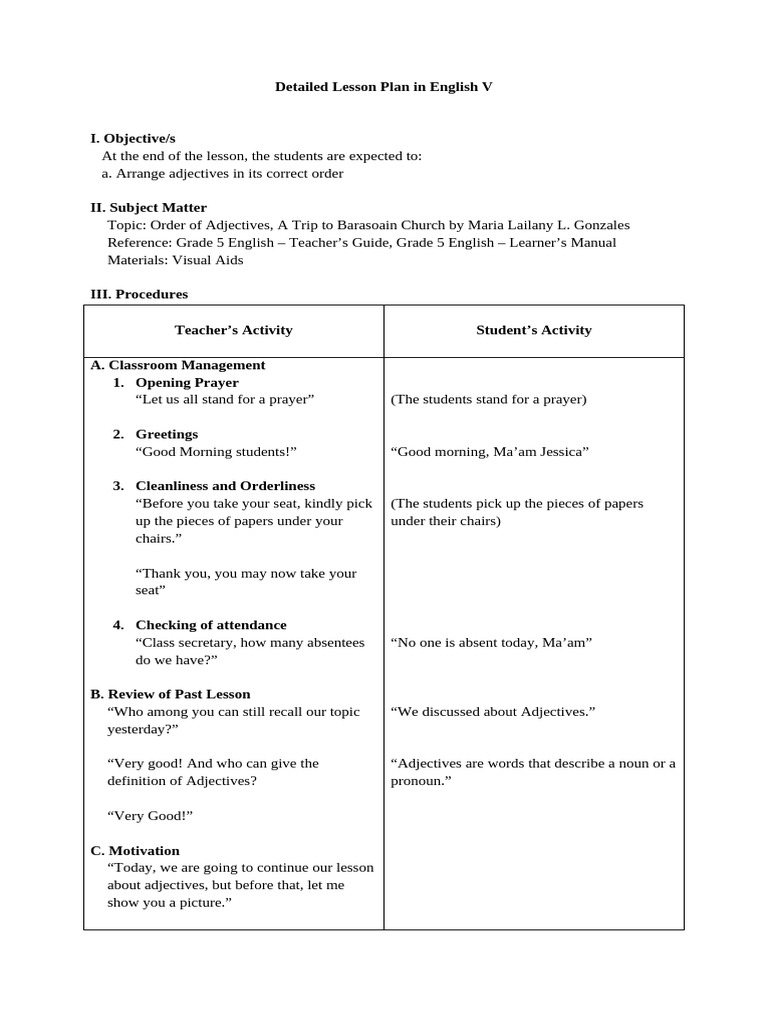 Detailed Lesson Plan English V-Order of Adjectives | PDF | Noun | Adjective
