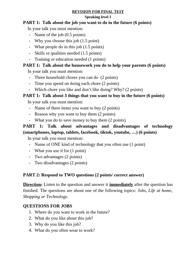 Revision For Final Test - Speaking Level 1 | PDF | Chess Openings | Chess