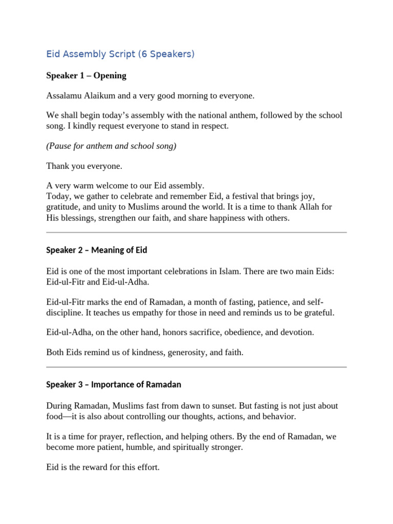 Eid Assembly Script | PDF | Ramadan