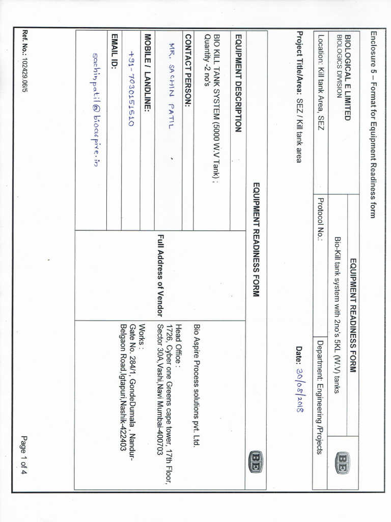 Filled Equipment Readiness Form Bioaspire - Kill Tank-2 No's | PDF