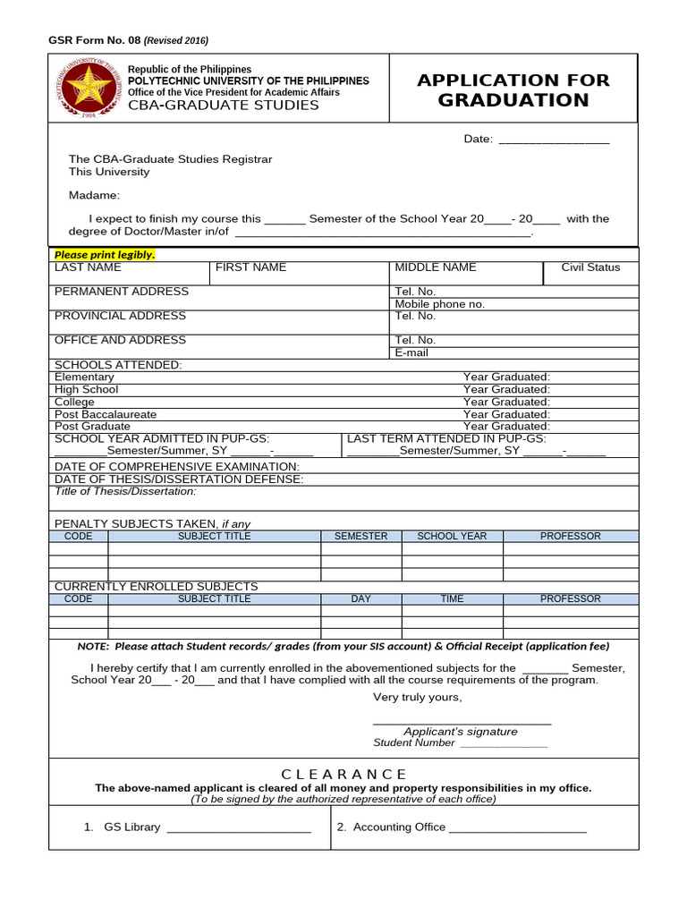 GSR Form No. 08 Application For Graduation | PDF | Thesis | Educational ...