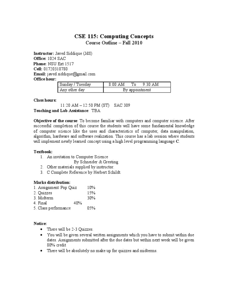 CSE 115 Course Outline - Fall - 2010 | PDF