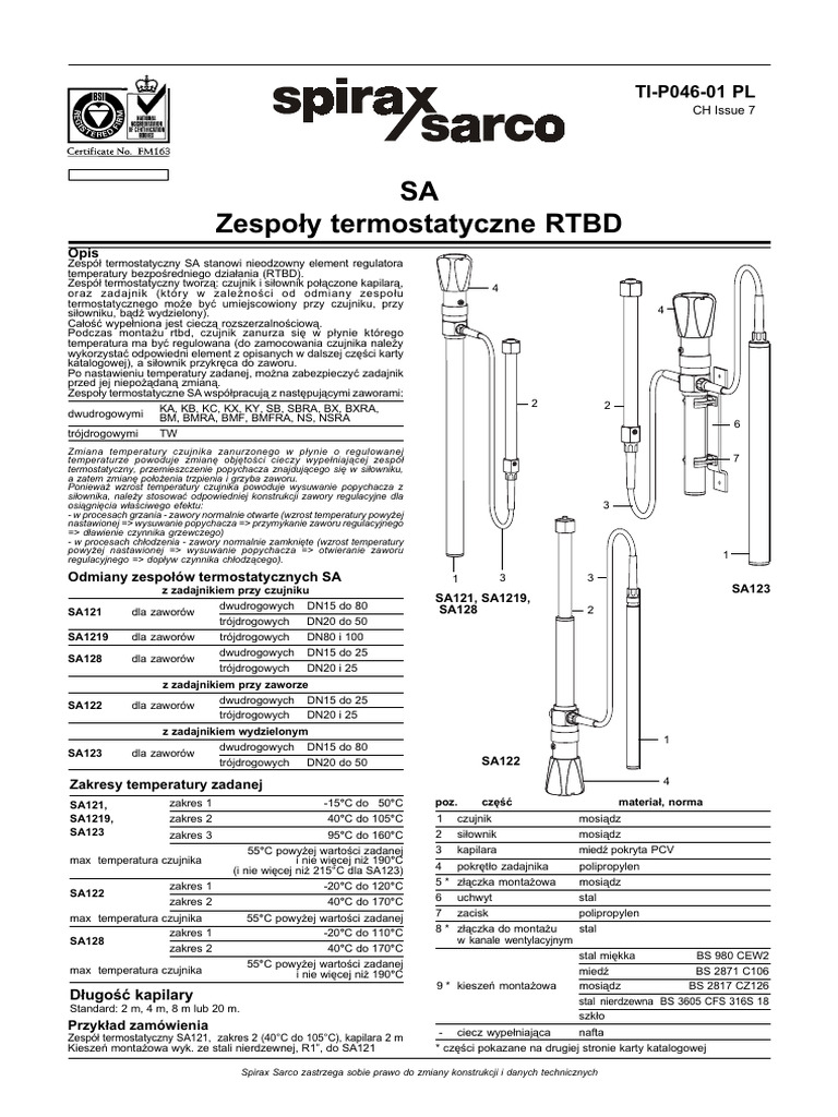 SA121 SA122 SA128 RTBD Zespoły Termostatyczne-Karta Katalogowa | PDF