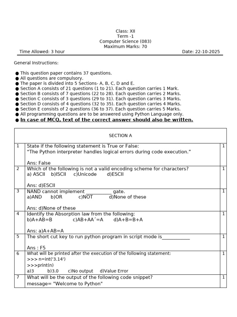 Grade Xi Term 1 Cs (2025-26) | PDF | Control Flow | String (Computer ...