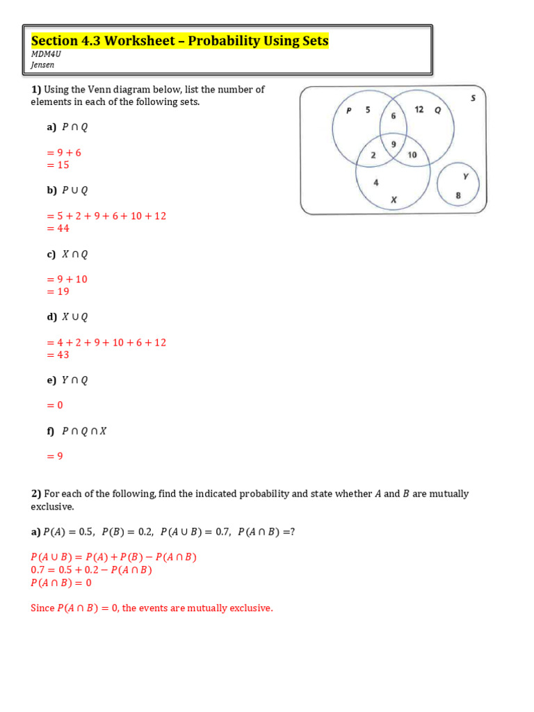 Section 4.3 Worksheet - Probability Using Sets | PDF
