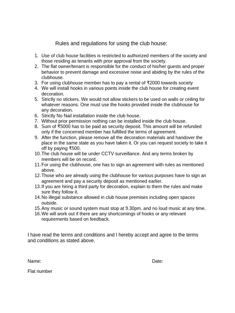 Clubhouse Renting Rules | PDF