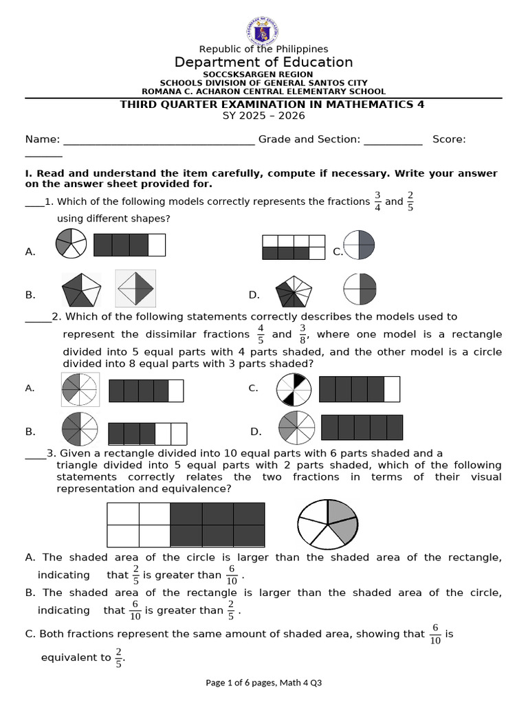 Math 4 Quarter 3 Assessment Tool Edited Margin | PDF | Mathematics ...
