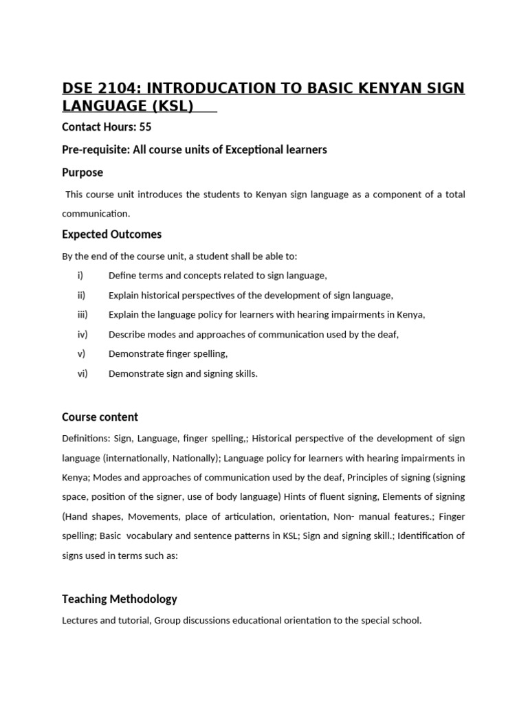 Dse 2104 Introducation To Basic Kenyan Sign Language | PDF