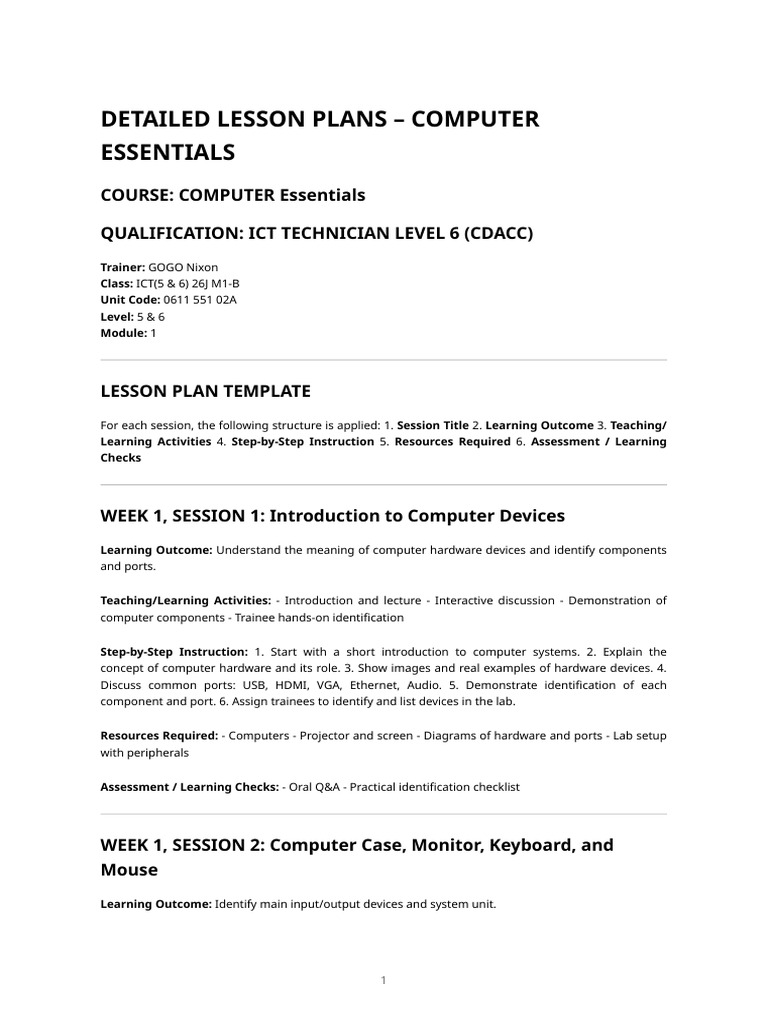 Detailed Lesson Plans - Computer Essentials | PDF | Computer Hardware ...
